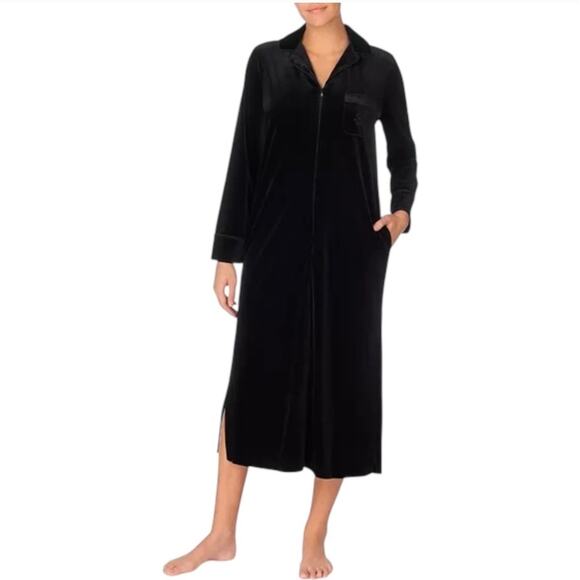 Lauren Ralph Lauren Black Velour Zip Front Lounge Dress Size 1X Velvet Midi - Picture 1 of 13